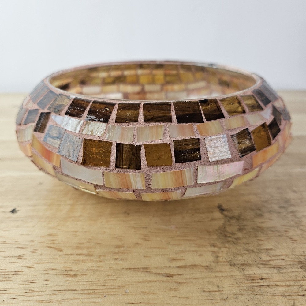 Pink Brown Mosaic Glass Iridescent Tile Round Shallow Vase‎ Candle Holder Bowl